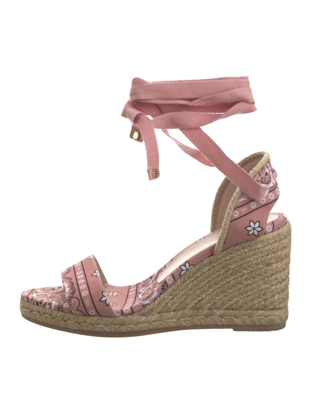 STUART WEITZMAN, Authentic Illeana Lace Up Wedges, Pink Paisley Bandana Print